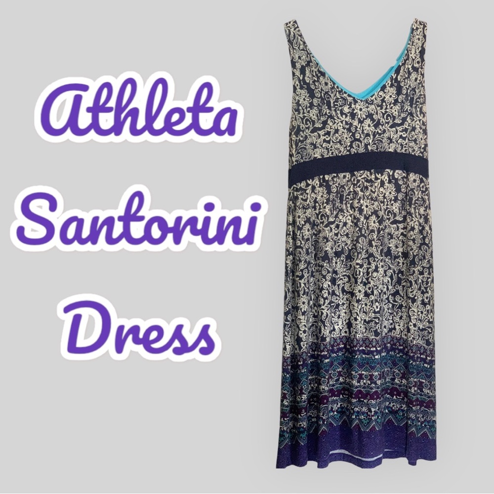 Athleta Navy Blue, Purple & White Santorini Dress w/Empire Waist Women’s Small